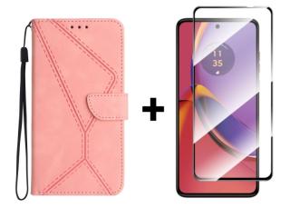 9D SKLO + PUZDRO 2v1 pre Motorola Moto G84 5G - Knižkové Stitching ružové (Peňaženkové puzdro a sklo pre Motorola Moto G84 5G)