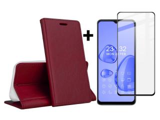 9D SKLO + PUZDRO 2v1 pre Oppo A17 - Knižkové MAGNETIC bordové