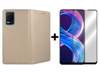 9D SKLO + PÚZDRO 2v1 pre Realme 8 5G - Knižkové Smart Magnet zlaté