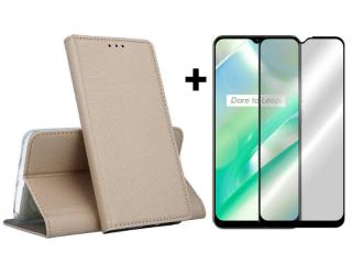 9D SKLO + PUZDRO 2v1 pre Realme C33 - Knižkové MAGNET zlaté