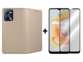 9D SKLO + PUZDRO 2v1 pre Realme C35 - Knižkové Magnet zlaté