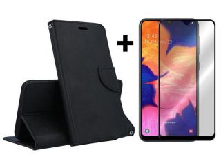 9D SKLO + PÚZDRO 2v1 pre SAMSUNG GALAXY A10 - Knižkové FANCY čierne