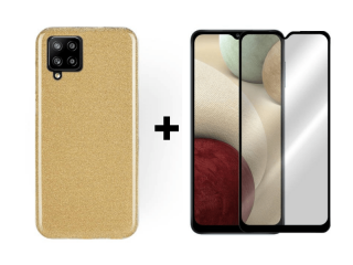 9D SKLO + PÚZDRO 2v1 pre Samsung Galaxy A12 Glitter zlaté