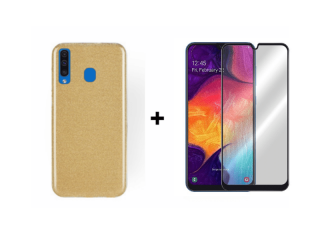 9D SKLO + PÚZDRO 2v1 pre Samsung Galaxy A50 Glitter zlaté