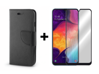 9D SKLO + PÚZDRO 2v1 pre SAMSUNG GALAXY A50 Knižkové Fancy čierne