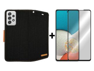 9D SKLO + PUZDRO 2v1 pre Samsung Galaxy A53 5G - Knižkové CANVAS čierno hnedé