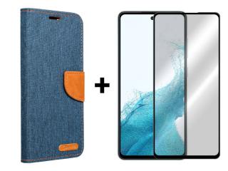 9D SKLO + PUZDRO 2v1 pre Samsung Galaxy A54 5G - Knižkové CANVAS modro hnedé (Tento produkt je vhodný pre Samsung Galaxy A54 5G)