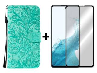 9D SKLO + PUZDRO 2v1 pre Samsung Galaxy A54 5G - Knižkové FLOWER zelené (Peňaženkové puzdro a sklo pre Samsung Galaxy A54 5G)