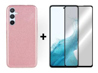 9D SKLO + PUZDRO 2v1 pre Samsung Galaxy A54 5G - Silikónové GLITTER ružové (Tento produkt je vhodný pre Samsung Galaxy A54 5G)