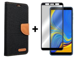 9D SKLO + PÚZDRO 2v1 pre SAMSUNG GALAXY A7 2018 -  Knižkové CANVAS čierno hnedé