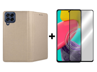 9D SKLO + PÚZDRO 2v1 pre Samsung Galaxy M53 5G - Knižkové Smart Magnet zlaté