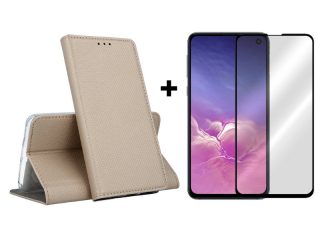 9D SKLO + PUZDRO 2v1 pre Samsung Galaxy S10 - Knižkové Magnet zlaté