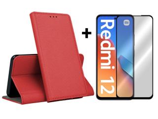 9D SKLO + PUZDRO 2v1 pre Xiaomi Redmi 12 - Knižkové SMART MAGNET červené (Peňaženkové puzdro a sklo pre Xiaomi Redmi 12)