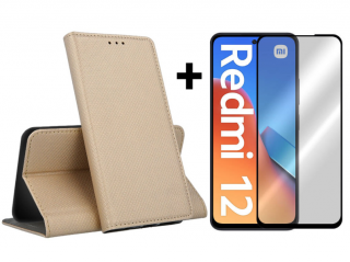 9D SKLO + PUZDRO 2v1 pre Xiaomi Redmi 12 - Knižkové SMART MAGNET zlaté (Peňaženkové puzdro a sklo pre Xiaomi Redmi 12)