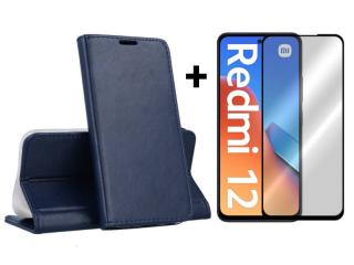 9D SKLO + PUZDRO 2v1 pre Xiaomi Redmi 12 - Knižkové SMART MAGNETIC modré (Peňaženkové puzdro a sklo pre Xiaomi Redmi 12)