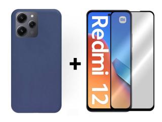 9D SKLO + PUZDRO 2v1 pre Xiaomi Redmi 12 - Silikónové modré (Zadný ochranný kryt a sklo pre Xiaomi Redmi 12)