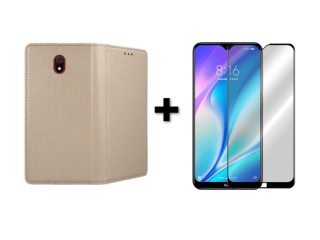 9D SKLO + PÚZDRO 2v1 pre Xiaomi Redmi 8A Knižkové púzdro zlaté