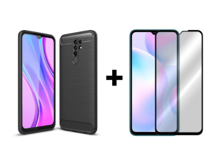 9D SKLO + PÚZDRO 2v1 pre Xiaomi Redmi 9 carbon čierne