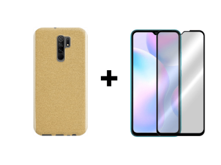 9D SKLO + PÚZDRO 2v1 pre Xiaomi Redmi 9 Glitter zlaté