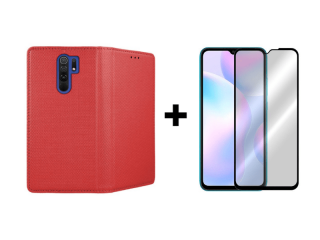 9D SKLO + PÚZDRO 2v1 pre Xiaomi Redmi 9 Knižkové púzdro červené