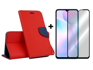 9D SKLO + PUZDRO 2v1 pre Xiaomi Redmi 9A / 9AT - Knižkové Fancy červené