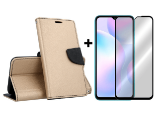 9D SKLO + PUZDRO 2v1 pre Xiaomi Redmi 9A / 9AT - Knižkové Fancy zlato čierne