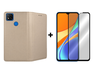 9D SKLO + PÚZDRO 2v1 pre Xiaomi Redmi 9C Knižkové púzdro zlaté