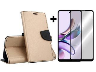 9D SKLO + PUZDRO pre Motorola Moto G23 / G13 - Knižkové FANCY zlato čierne