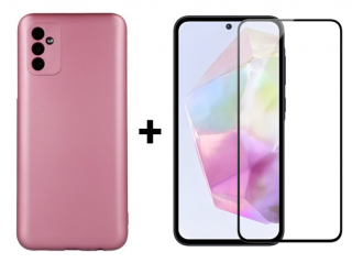 SKLO + KRYT 2v1 pre Samsung Galaxy A35 5G - Silikónový METALLIC ružový (Ochranný obal a sklo pre Samsung Galaxy A35 5G)