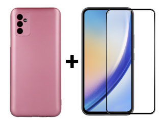 SKLO + KRYT 2v1 pre Samsung Galaxy A55 5G - Silikónový METALLIC ružový (Ochranný obal a sklo pre Samsung Galaxy A55 5G)