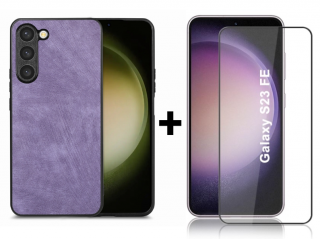 SKLO + KRYT 2v1 pre Samsung Galaxy S23 FE - LEATHER fialový (Ochranný obal a sklo pre Samsung Galaxy S23 FE)