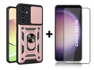 SKLO + KRYT 2v1 pre Samsung Galaxy S23 FE - Tvrdený ARMOR SLIDING ružový (Ochranný obal a sklo pre Samsung Galaxy S23 FE)