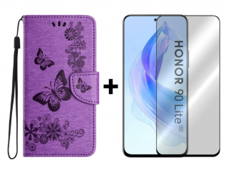 SKLO + PUZDRO 2v1 pre Honor 90 Lite 5G - Knižkové BUTTERFLY fialové (Puzdro a sklo pre Honor 90 Lite 5G)