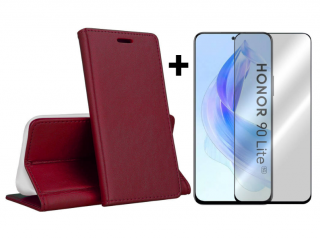 SKLO + PUZDRO 2v1 pre Honor 90 Lite 5G - Knižkové MAGNETIC bordové (Puzdro a sklo pre Honor 90 Lite 5G)