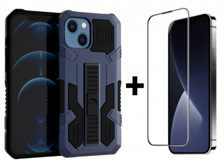 SKLO + PUZDRO 2v1 pre iPhone 15 Plus - Tvrdené WARRIOR modré (Zadný ochranný kryt a sklo pre iPhone 15 Plus)