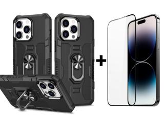 SKLO + PUZDRO 2v1 pre iPhone 15 Pro Max - Tvrdené RING HOLDER čierne (Tvrdený kryt a sklo pre iPhone 15 Pro Max)