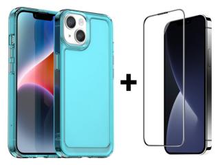SKLO + PUZDRO 2v1 pre iPhone 15 - Silikónové priesvitno modré (Zadný ochranný kryt a sklo pre iPhone 15)