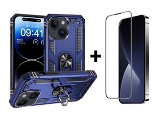 SKLO + PUZDRO 2v1 pre iPhone 15 - Tvrdené RING ARMOR modré (Zadný ochranný kryt a sklo pre iPhone 15)