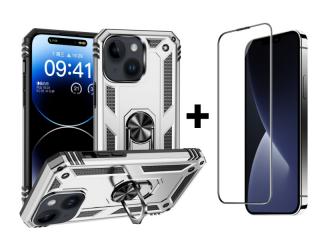 SKLO + PUZDRO 2v1 pre iPhone 15 - Tvrdené RING ARMOR sivé (Zadný ochranný kryt a sklo pre iPhone 15)