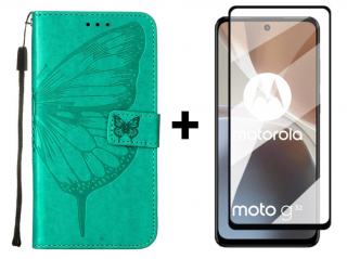 SKLO + PUZDRO 2v1 pre Motorola Moto G32 - Knižkové BUTTERFLY zelené (Puzdro a sklo pre Motorola Moto G32)