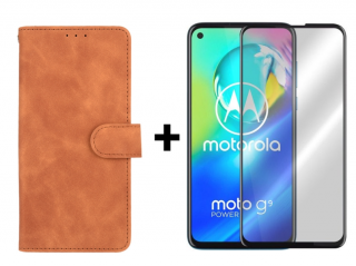 SKLO + PUZDRO 2v1 pre Motorola Moto G9 Power - Knižkové SOLID hnedé (Puzdro a sklo pre Motorola Moto G9 Power)