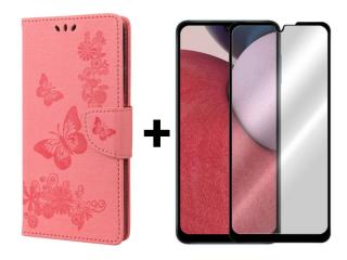 SKLO + PUZDRO 2v1 pre Samsung Galaxy A14 / A14 5G - Knižkové Butterfly ružové (Peňaženkové puzdro a sklo pre Samsung Galaxy A14 / A14 5G)