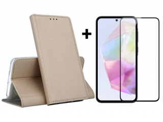 SKLO + PUZDRO 2v1 pre Samsung Galaxy A35 5G - Knižkové puzdro MAGNET zlaté (Peňaženkové puzdro a sklo pre Samsung Galaxy A35 5G)