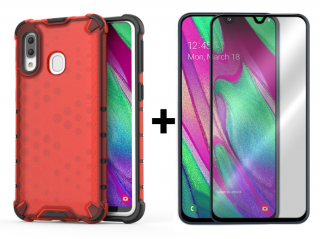 SKLO + PUZDRO 2v1 pre Samsung Galaxy A40 - Tvrdené HONEYCOMB červené (Puzdro a sklo pre Samsung Galaxy A40)