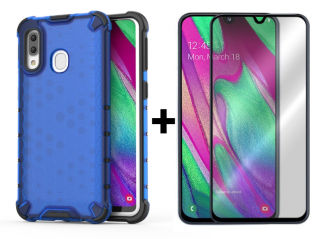 SKLO + PUZDRO 2v1 pre Samsung Galaxy A40 - Tvrdené HONEYCOMB modré (Puzdro a sklo pre Samsung Galaxy A40)