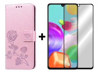 SKLO + PUZDRO 2v1 pre Samsung Galaxy A41 - Knižkové puzdro ROSE ružové (Puzdro a sklo pre Samsung Galaxy A41)