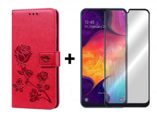 SKLO + PUZDRO 2v1 pre Samsung Galaxy A50 - Knižkové puzdro ROSE červené (Puzdro a sklo pre Samsung Galaxy A50)