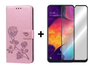 SKLO + PUZDRO 2v1 pre Samsung Galaxy A50 - Knižkové puzdro ROSE ružové (Puzdro a sklo pre Samsung Galaxy A50)