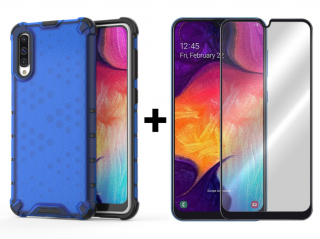 SKLO + PUZDRO 2v1 pre Samsung Galaxy A50 - Tvrdené HONEYCOMB modré (Puzdro a sklo pre Samsung Galaxy A50)