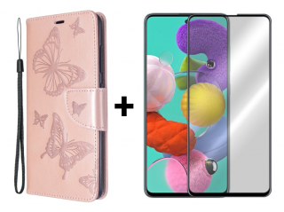 SKLO + PUZDRO 2v1 pre Samsung Galaxy A51 - Knižkové puzdro BUTTERFLY ružové (Puzdro a sklo pre Samsung Galaxy A51)